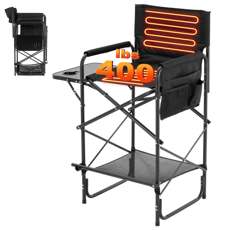 Tall Heated Directors Chair, 400lb Folding Camping Chair with Cup Holder, Side Pockets & Footrest