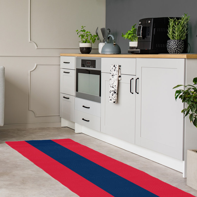 Tapis rayé rouge / bleu marine, Tapis de couloir 2 pi 6 po x 8 pi