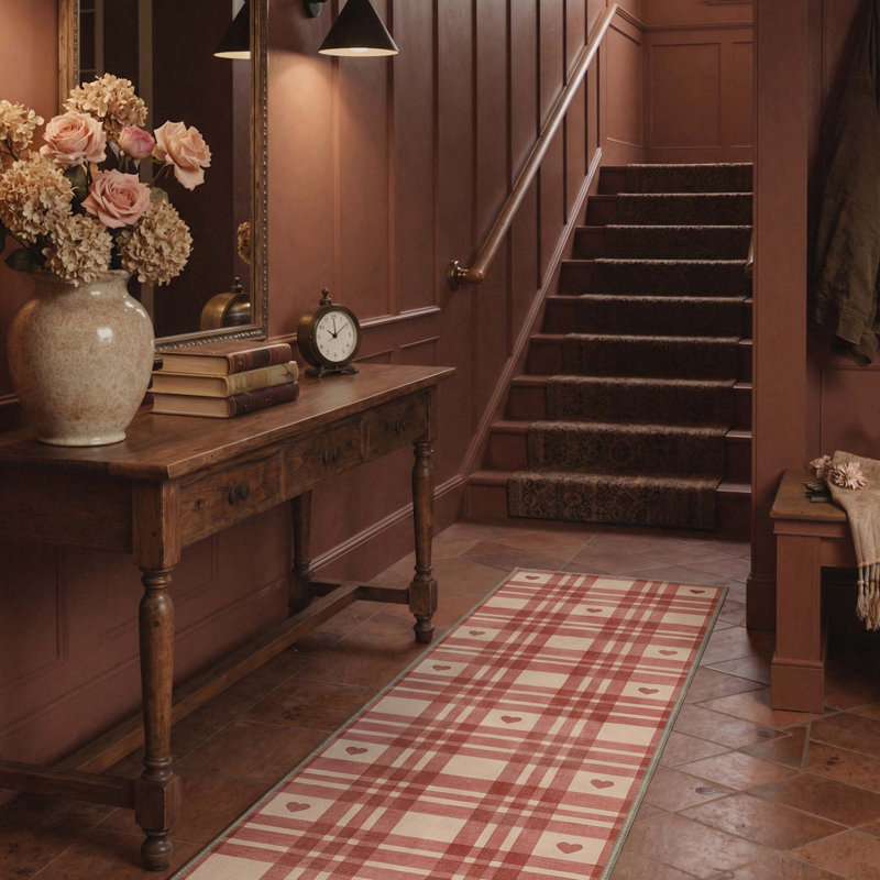Preppy Plaid & Mini Heart Aesthetic Machine Washable Red Indoor Area Rug  with Non-Slip Backing, Runner 2' x 7'