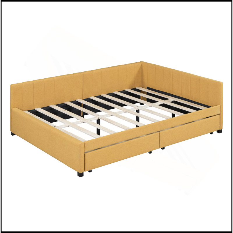 Full Size Upholstered Daybed With 2 Storage Drawers Sofa Bed Frame No Box Spring Needed, Linen Fabric, Yellow
