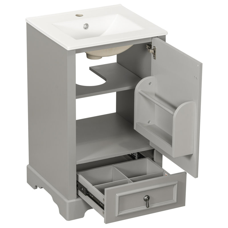 Meuble-lavabo de 20 po avec lavabo en céramique, porte à fermeture en douceur, tablette ajustable en forme de U, tiroir de compartiment et support de porte, style moderne, conception peu encombrante