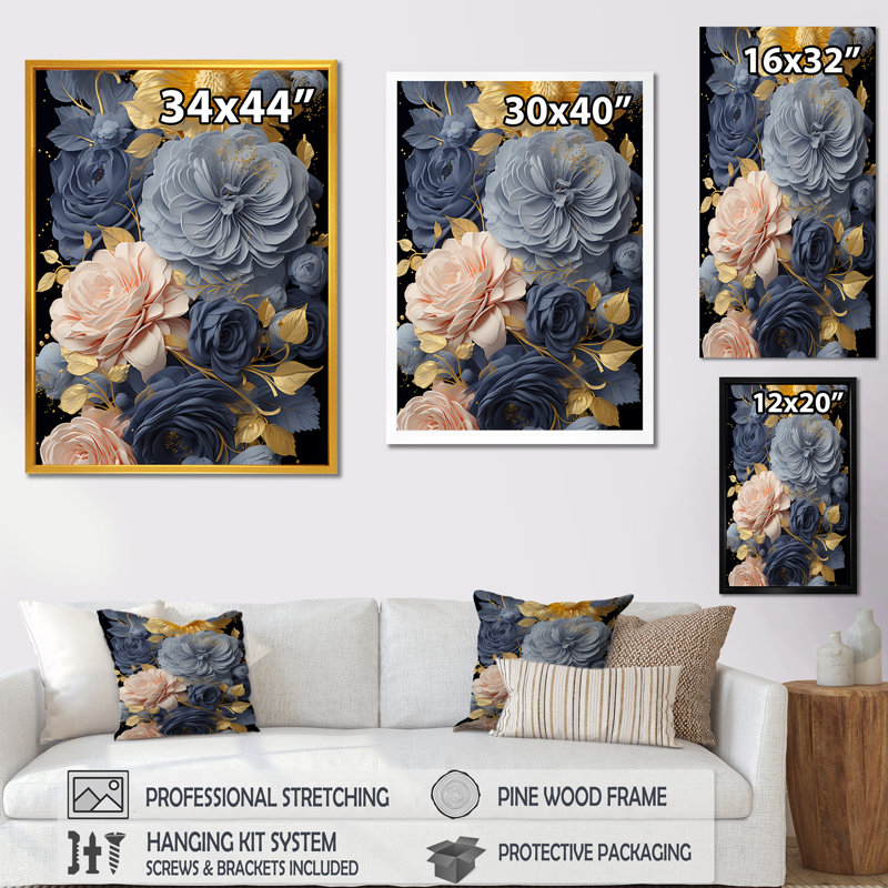 Or rose et bleu Elegance III - art mural rose, Cadre flottant blanc, H 32 po x l 16 po