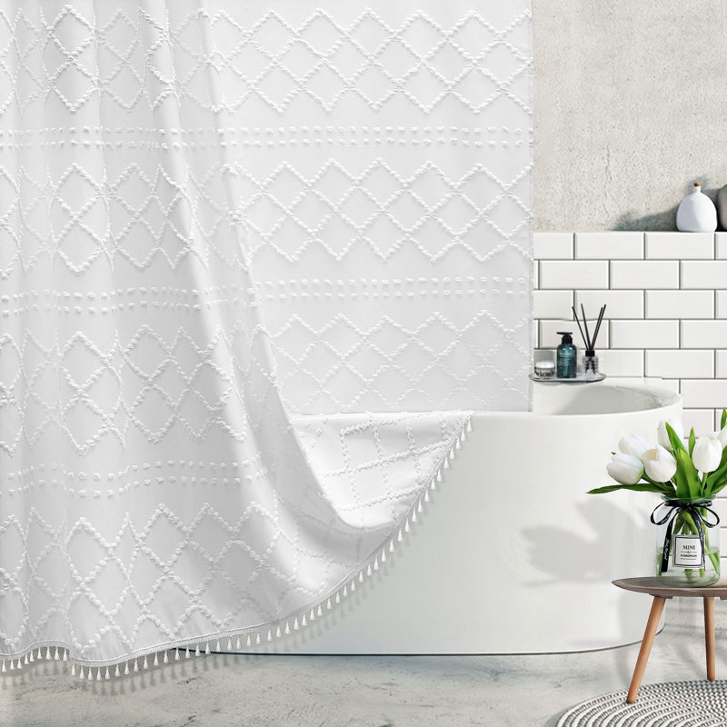 Boho Shower Curtain,Fabric Textured Tufted Chevron Striped, White