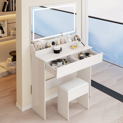 Très grande coiffeuse à miroir à DEL avec tabouret à coussin moelleux, interrupteur tactile, 3 couleurs d'éclairage, luminosité réglable, grand rangement, design compact
