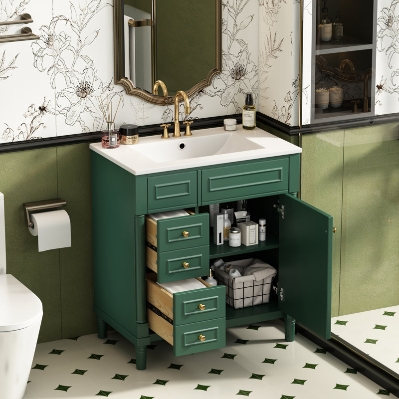 Meuble-lavabo sur pied 30 po avec lavabo, armoire de rangement autoportante avec porte à fermeture douce, 2 tiroirs, Vert