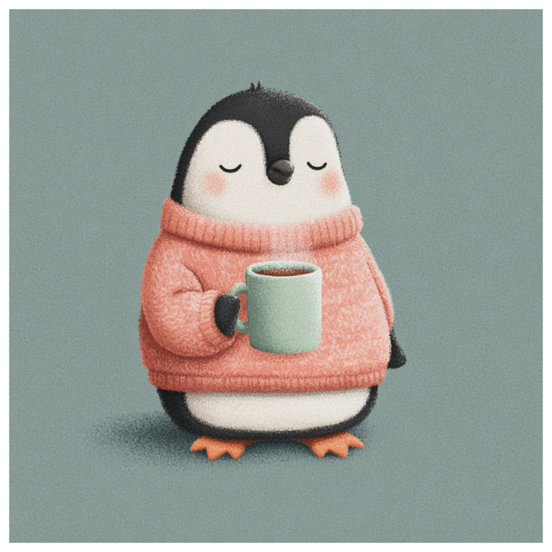 Édredon pingouin avec tasse à café, Lit simple