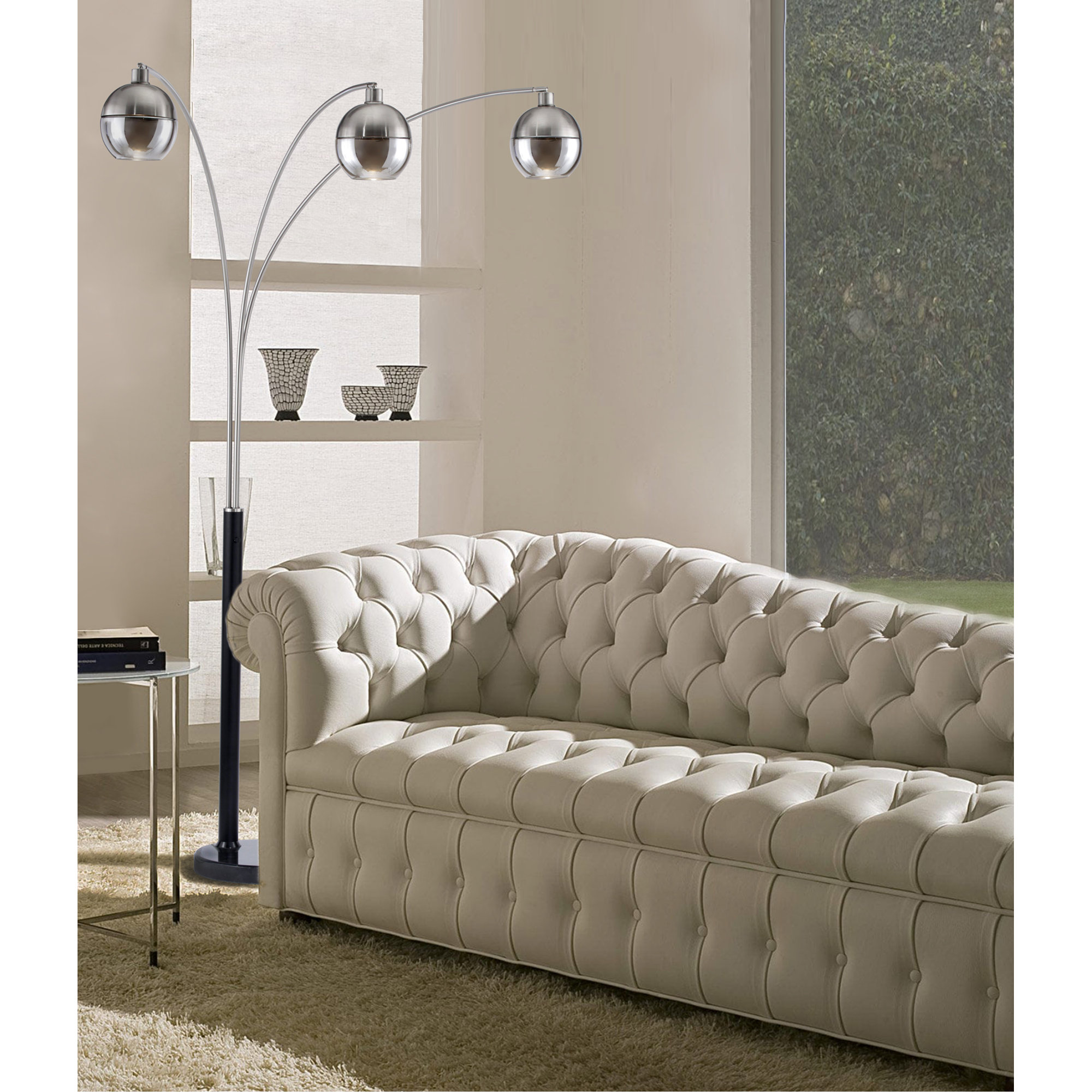 Orson 3 Light Arc Floor Lamp - 84 , Matte Black, Brushed Nickel, Mouthblown glass, Marble base, Dimmable