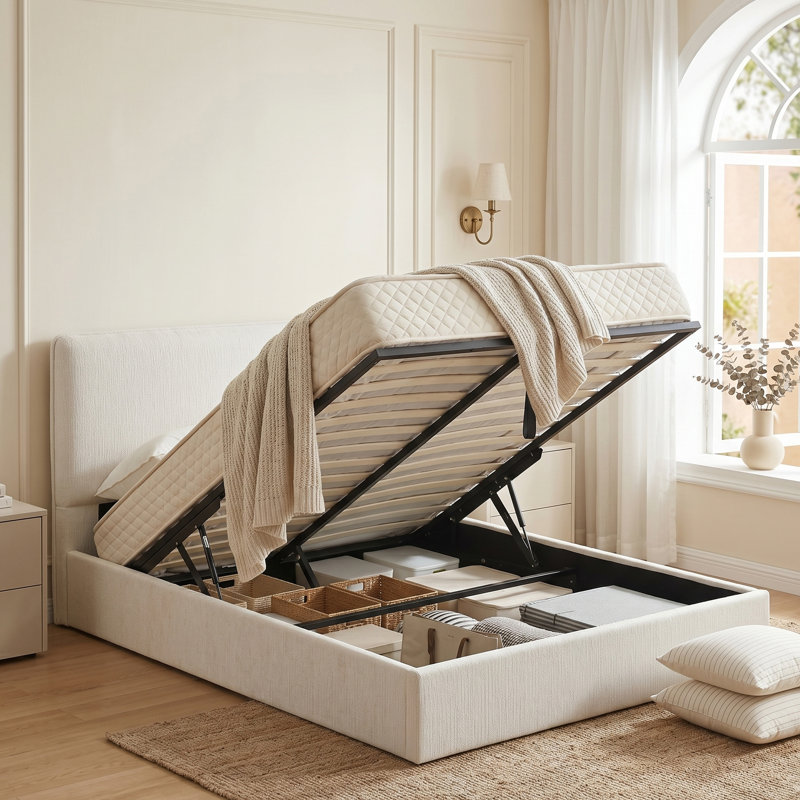 Grand lit plateforme tapissier à rangement relevable hydraulique avec tête de lit courbée, sans sommier, crème, Crème