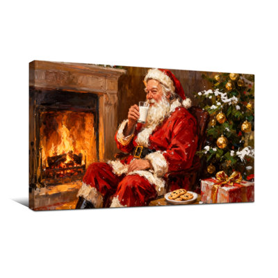 Christmas Santa Claus Drinking Milk By Fireplace