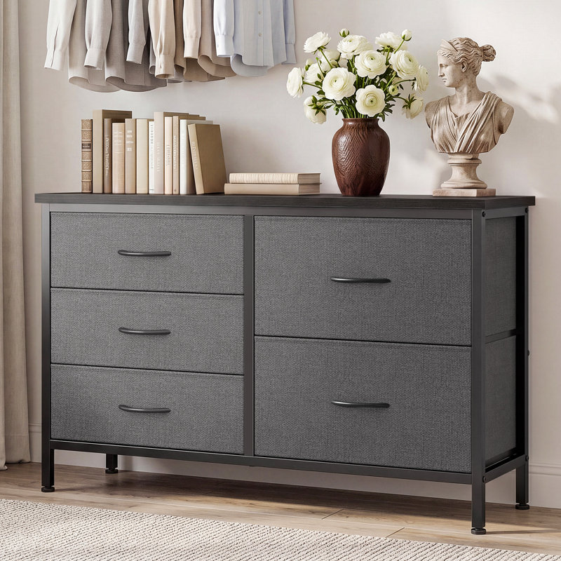 Commode en tissu avec plateau en bois, commode l 39,4 po avec 5 tiroirs, rangement, commode, Gris
