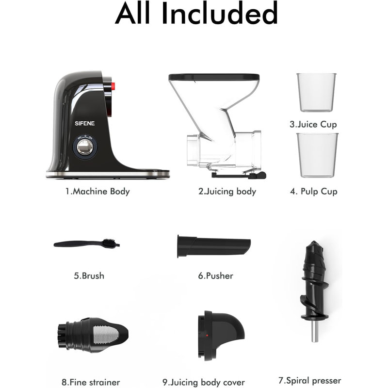 Efficient Juicer by SIFENE, 2-Speed, Stainless Steel, Slow Masticating, Cold Press, Clear/Black