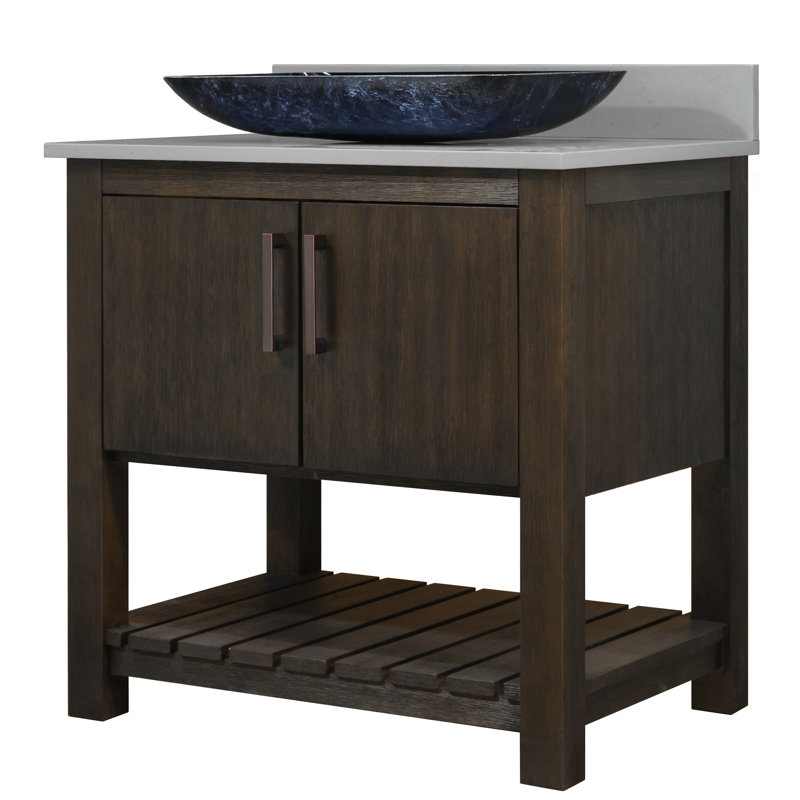 Meuble-lavabo de 30 po avec comptoir et lavabo en quartz gris orage, quincaillerie et miroir en bronze huilé, Gris tempête