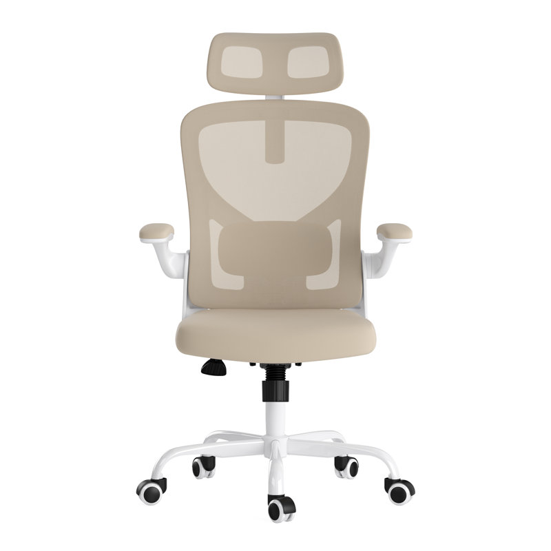 Ergonomic Home Office Desk Chair with Headrest & Adjustable Lumbar Support, Breathable Mesh Computer Chair for Home Study - White & Khaki