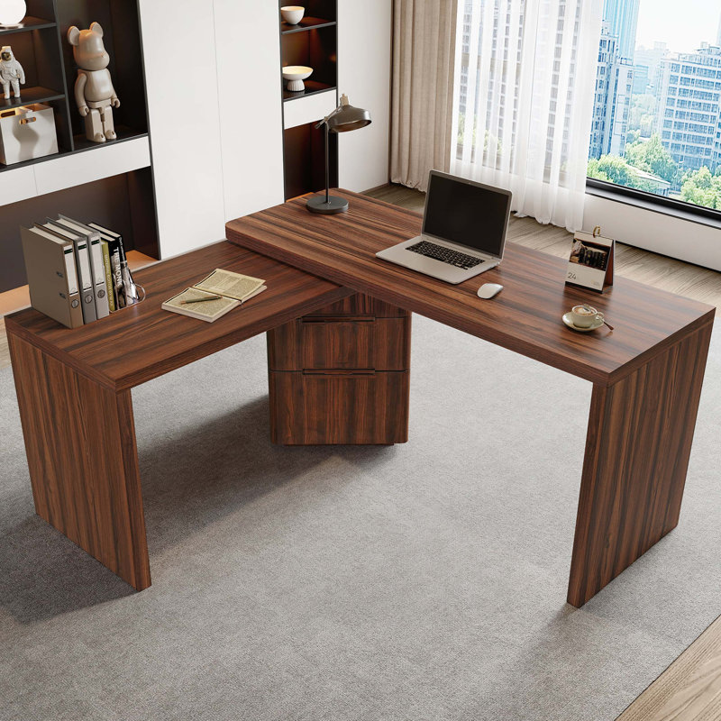 Bureau moderne en L 90 po en noyer avec 3 tiroirs, bureau pivotant à 360 ° en bois, bureau de direction, bureau d'angle, poste de travail de bureau, pour le bureau à domicile ou le salon