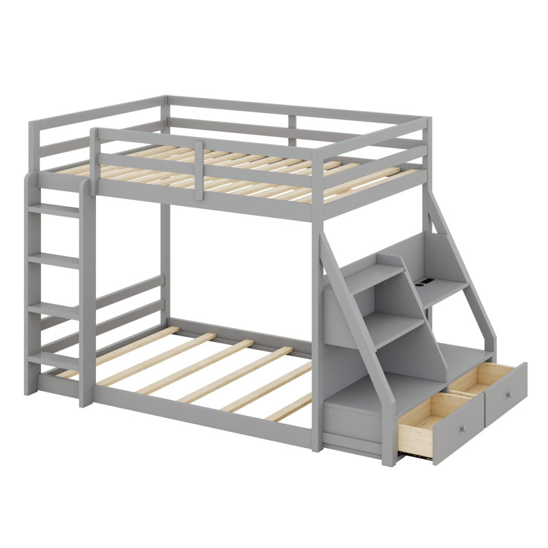 Bunk Bed Including APP-Controlled 7-Color LED Lights, USB Ports, Storage Shelves and 2 Drawers, Gray