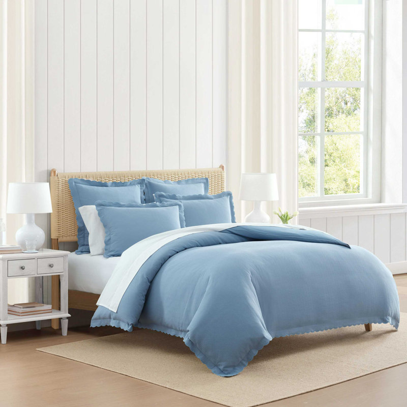 Martha Stewart Signature Scallop Solid Reversible Duvet Cover Set, Blue, Queen Duvet Cover + 2 Standard Shams