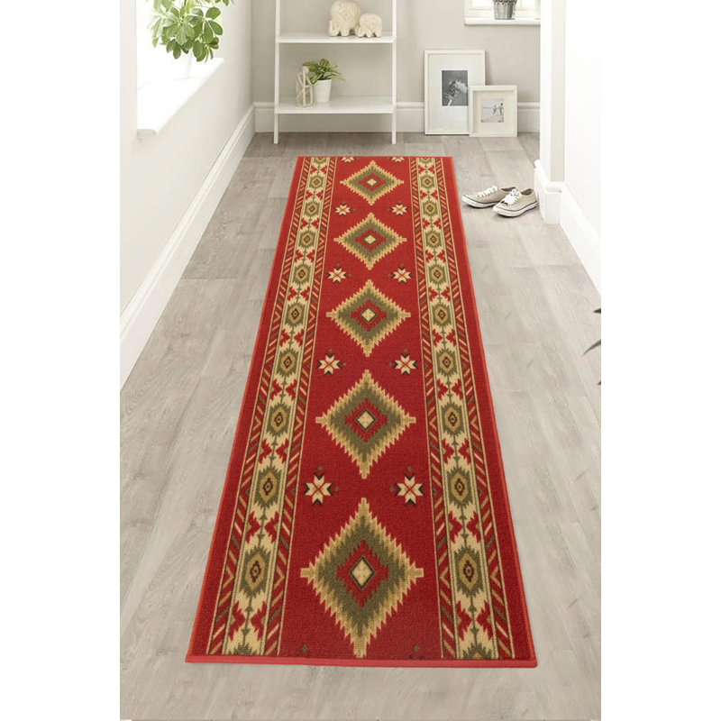Custom Size Anti-Bacterial Non-Slip Southwestern Red Rovel Design Low Pile Hallway Runner Rugs, Runner 2'8" x 13'