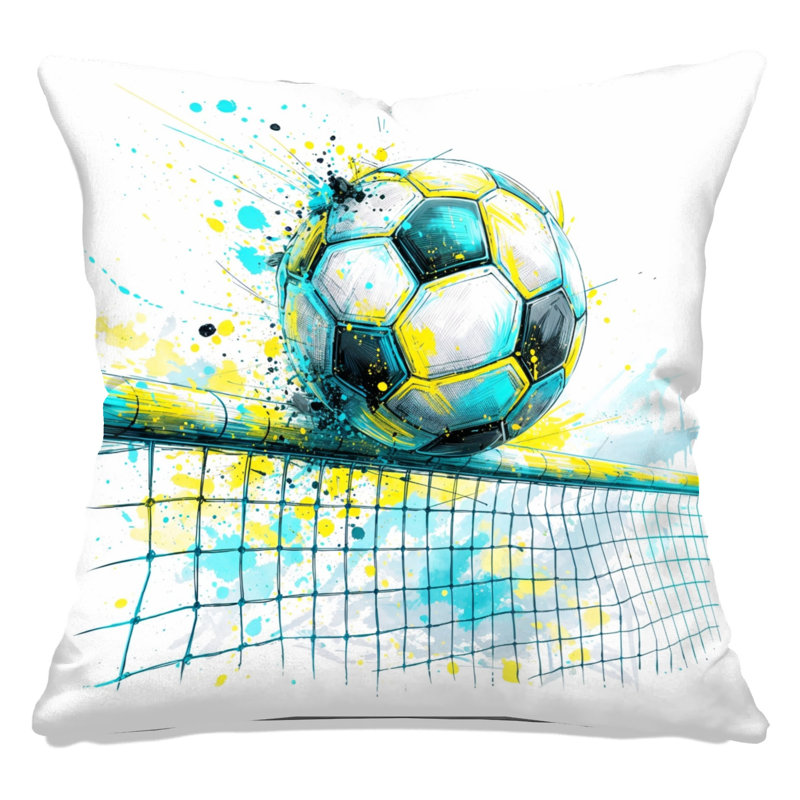Illustration de ballons de soccer, coussins décoratifs à double face, 18 x 18 pouces, Bleu ciel clair et citron vif