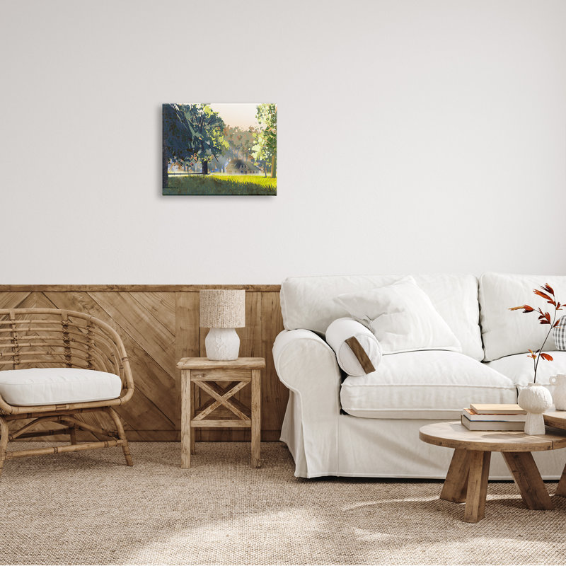 «Modern Cottage Home Landscape», formes géométriques abstraites, arbres blancs, estampe numérique, art texturé par Ziwei Li
