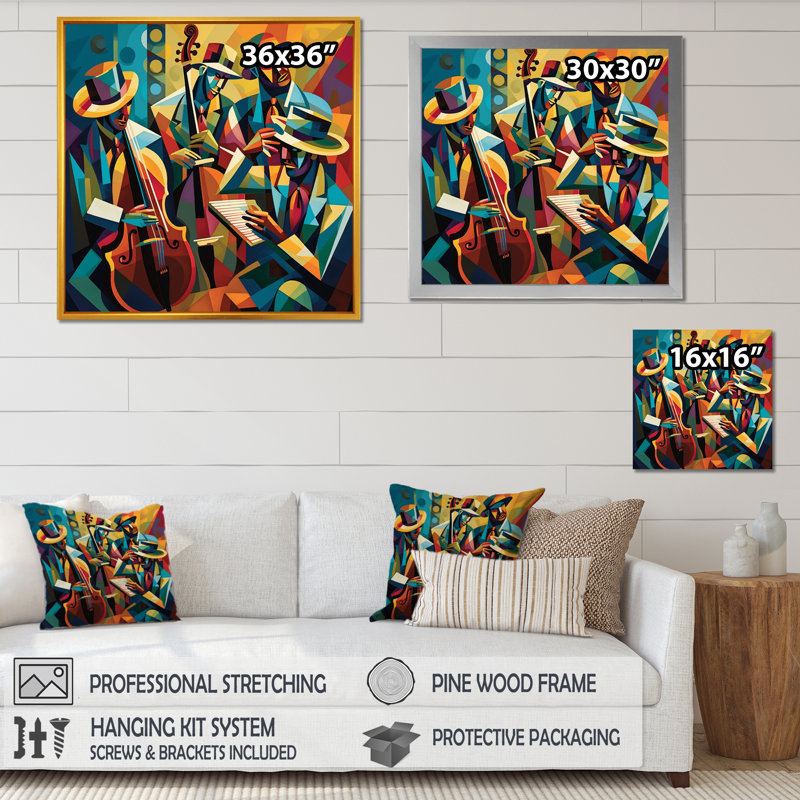 Jazz Performance On Stage I - Music Jazz, reproduction d'art sur toile, Cadre photo noir, H 36 po x l 36 po x P 1,5 po