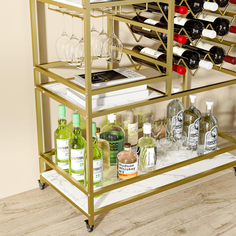 Stamatina 3-Tier Metal Bar Cart with Wine Rack and Glass Storage, Gold