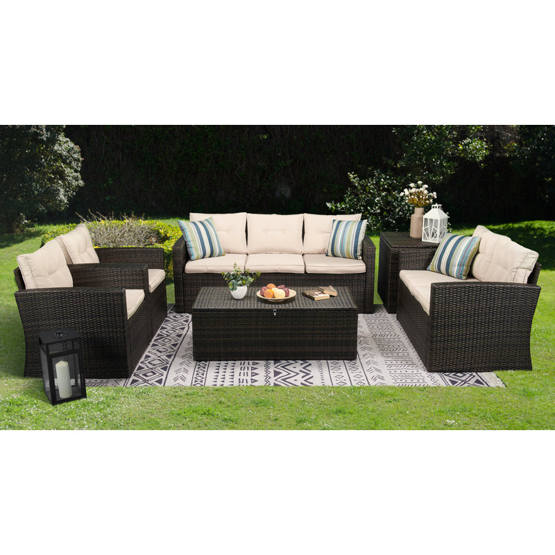 Ensemble de conversation pour 7 personnes avec coussins Barrada Rattan, Beige