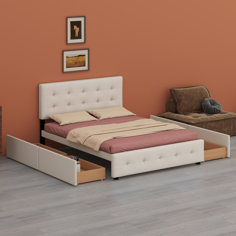 Lit plateforme tapissier avec tête de lit classique et tiroirs, Beige