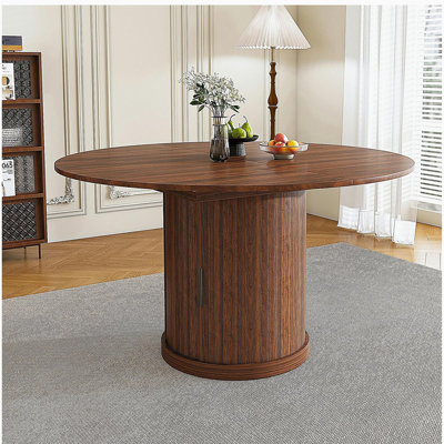 Table de salle à manger extensible 59 po 59 po avec rangement à 2 niveaux pour 4 à 6 personnes, table de cuisine extensible de couleur brun noyer, panneau de fibres à densité moyenne avec finition noyer et base piédestal