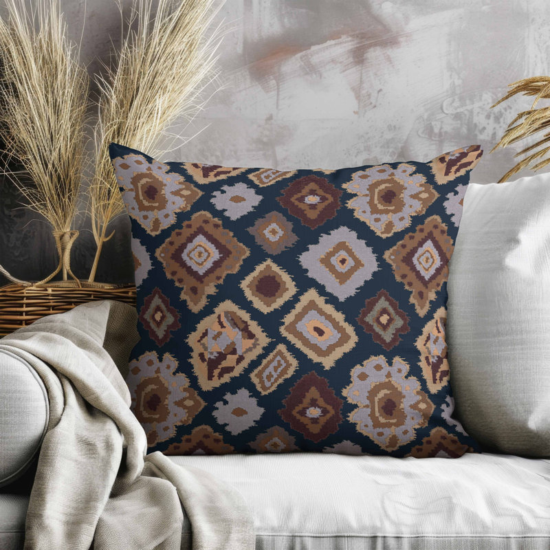 Oreiller imitation daim Ikat Diamond, Bleu/brun, Carré 18 po