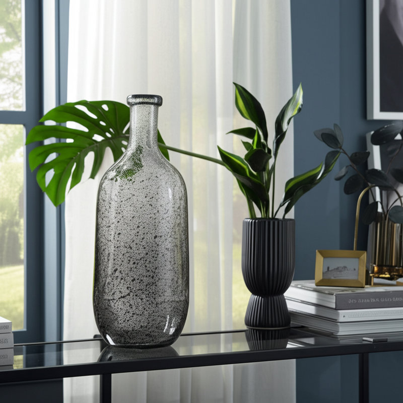 Ivelis Glass Vase - Handcrafted Glass Construction Glam Style with Textured Artisan Detailing - Modern Decorative Accent for Elegant Contemporary Spaces - Unique Bottle Shape Design - Not a Set