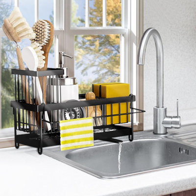 Kitchen Sink Caddy Organizer - 304 Stainless Steel Sponge Holder With Soap Dispenser Brush Rack