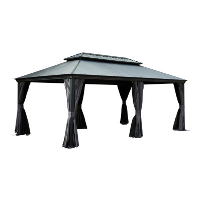 12'X20' Hardtop Gazebo With Resin Roof, Outdoor Metal Gazebo With Drainage Gutters, Permanent Heavy Duty Pavilion For Patio, Backyard And Deck, Curtains And Mosquito Netting Included