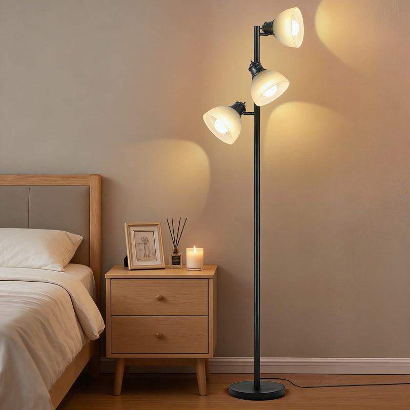 Lampe sur pied réglable à 3 têtes avec abat-jour en verre et base lestée, comprenant des ampoules DEL 3 x 9 W pour le salon, la chambre à coucher, le bureau et l'éclairage ambiant