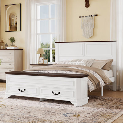 Queen Solid Wood Farmhouse Platform Bed with Storage Bench and 2 Large Drawers