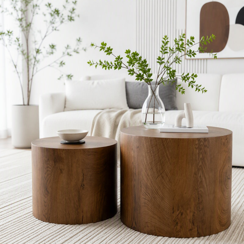 Ensemble de 2 tables basses gigognes rondes en bois, Brown,Wood