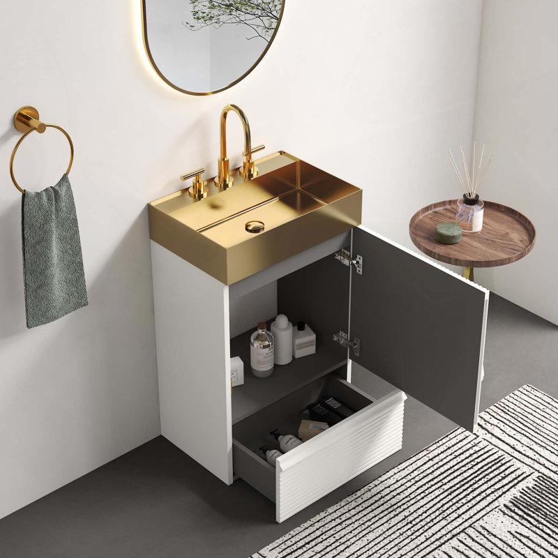 Meuble-lavabo rayé autoportant avec lavabo intégré en métal doré brossé pour salle de bain moderne, cuve en métal doré sans robinet, KD