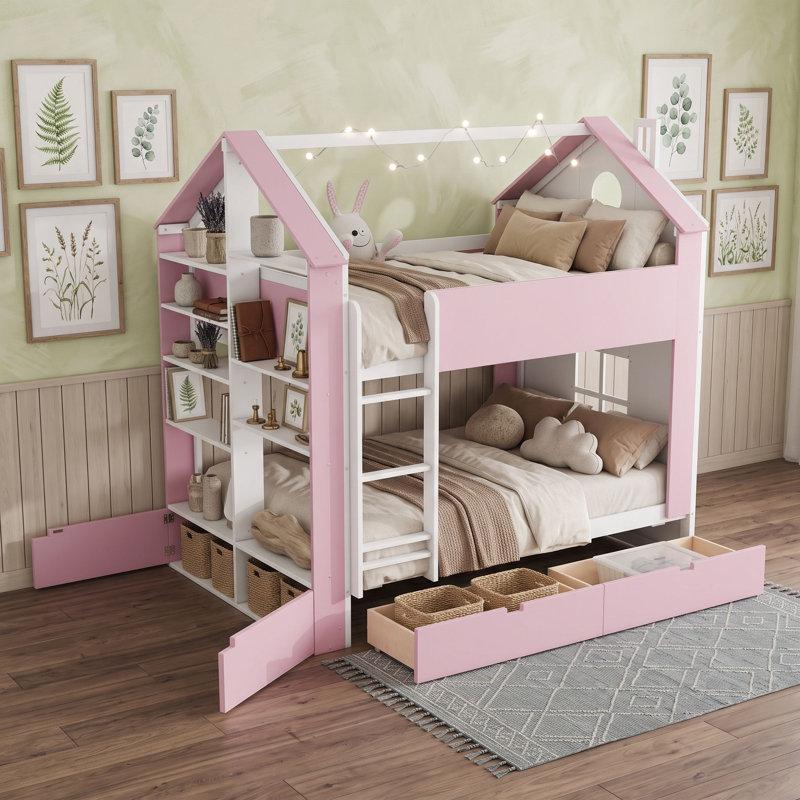 Lit superposé double en bois avec tiroirs de rangement, bande lumineuse et tablettes, Rose blanc