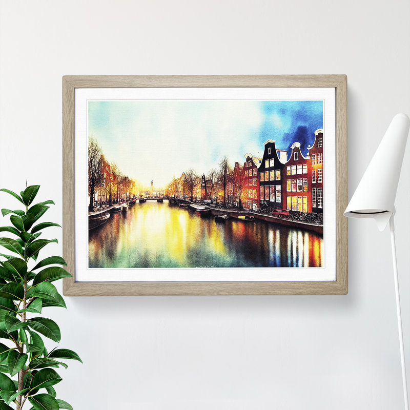 Amsterdam Canal Watercolour Vol.2 - Single Picture Frame Print, 25cm H x 34cm W x 2cm D, Oak