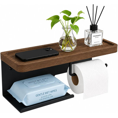 Porte-papier hygiénique en bois de noyer. Il peut être installé en le collant ou en le vissant au mur. Fabriqué en acier inoxydable SUS304 de couleur noir mat.