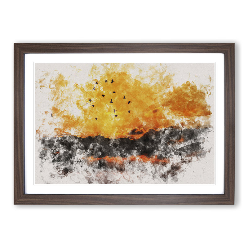 Birds and Orange Sunset - Picture Frame Graphic Art, 27cm H x 36cm W x 2cm D, Walnut