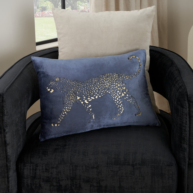 Navy and Gold Handcrafted Leopard Velvet Lumbar Pillow