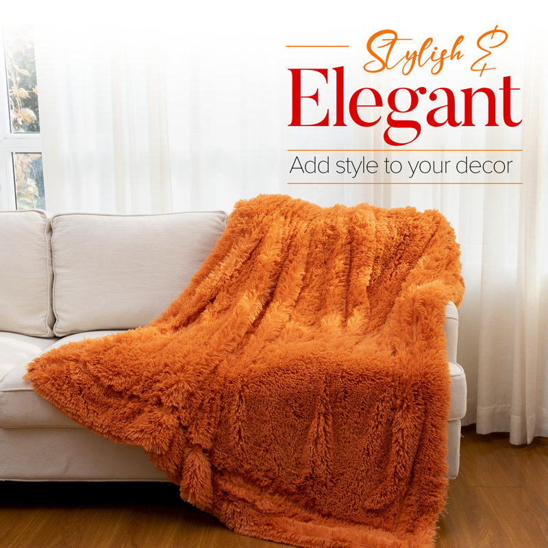 Rust Orange Reversible Faux Fur and Fleece Throw Blanket 60" x 70"