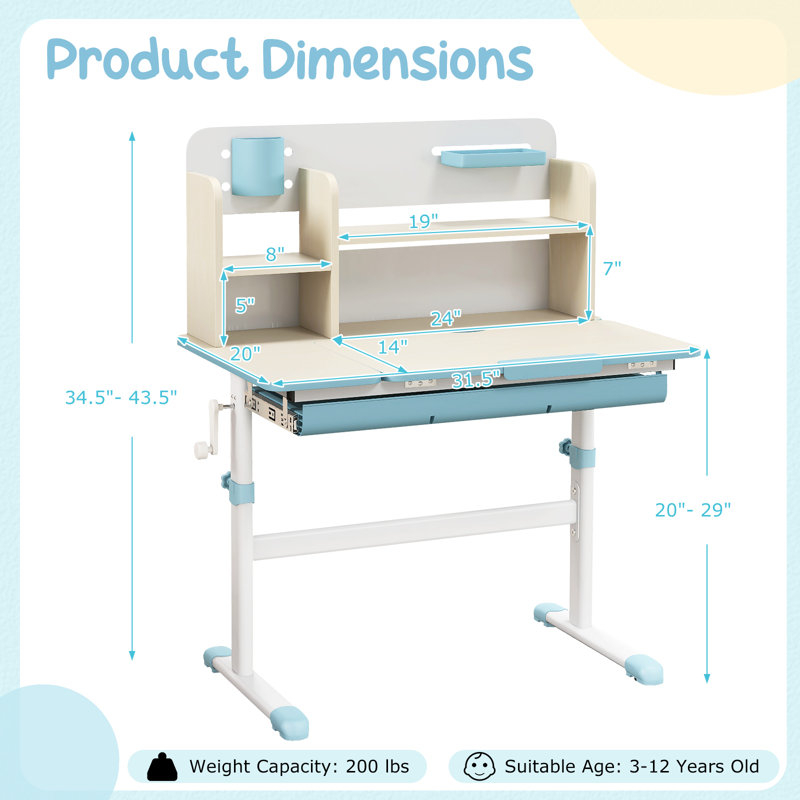Bureau d'écriture à hauteur réglable pour enfants avec bureau inclinable, Bleu
