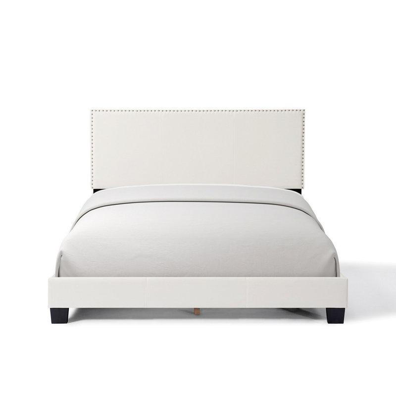 Lit plateforme tapissier avec garniture cloutée, Beige, Double