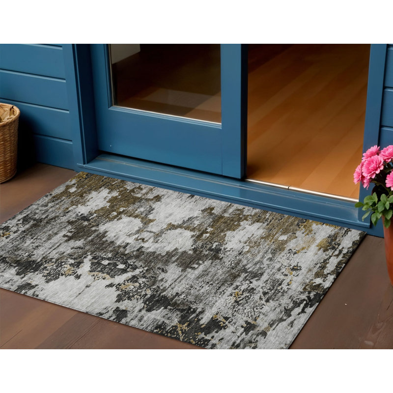3' X 5' Taupe Brown And Gold Abstract Washable Indoor Outdoor Area Rug
