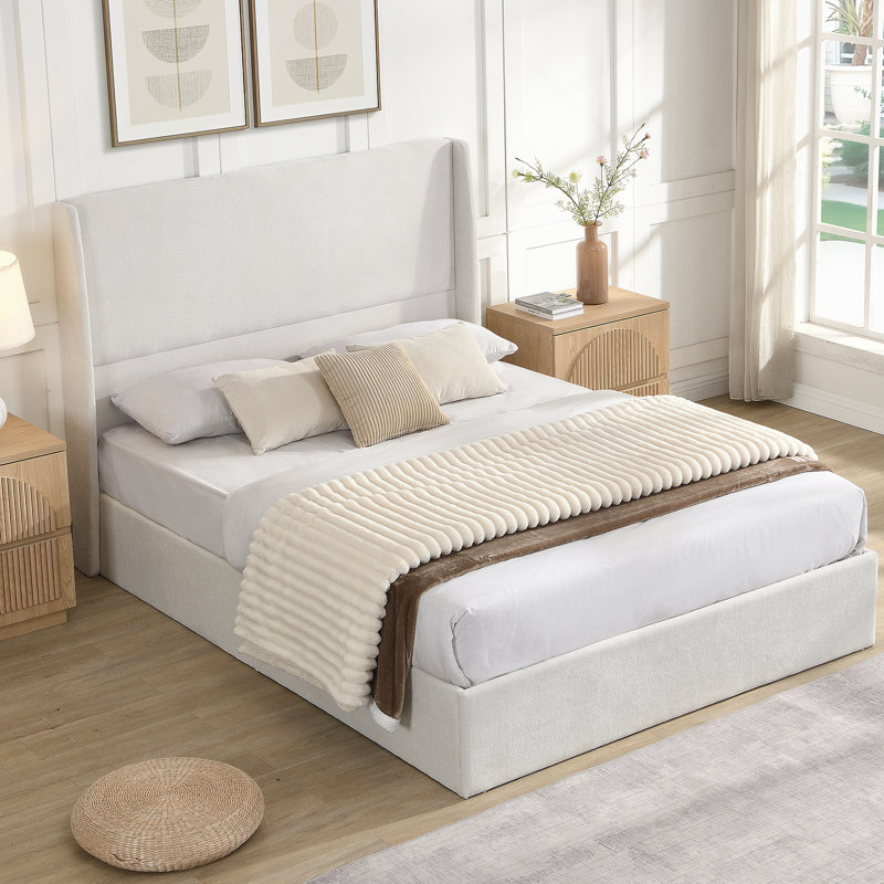 Grand lit plateforme tapissier avec tête de lit à oreilles, tissu chenille beige, cadre de lit sur pied, 12 lattes de bois, aucun sommier requis, assemblage facile