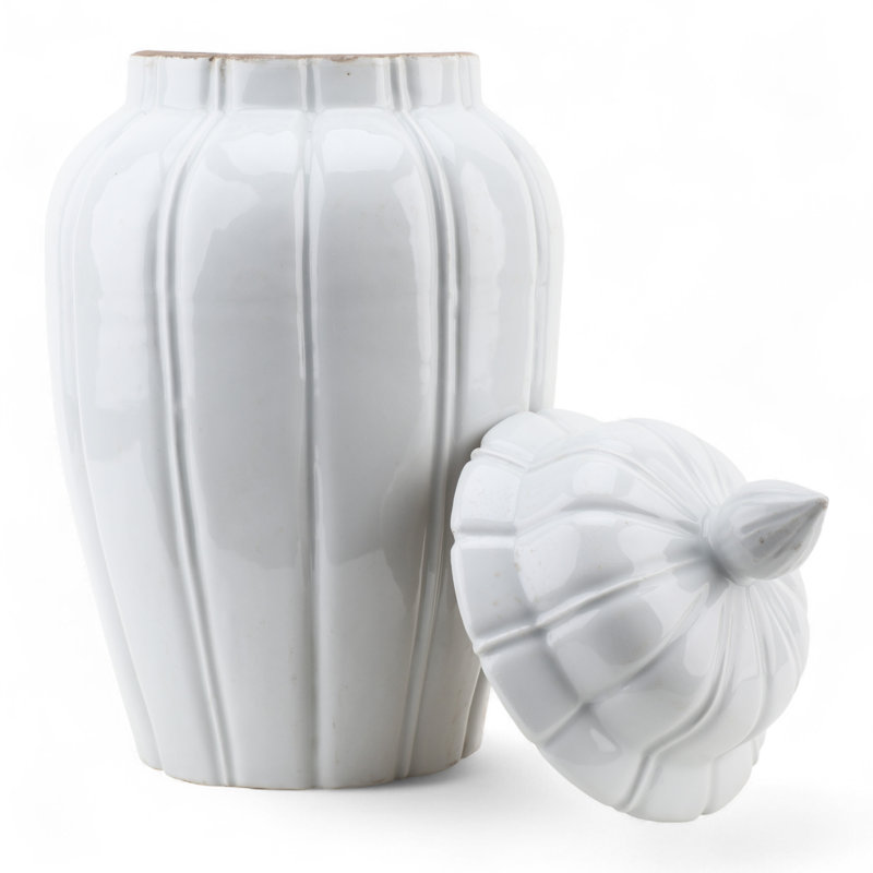 Celadon Ribbed Jar with Lid, White