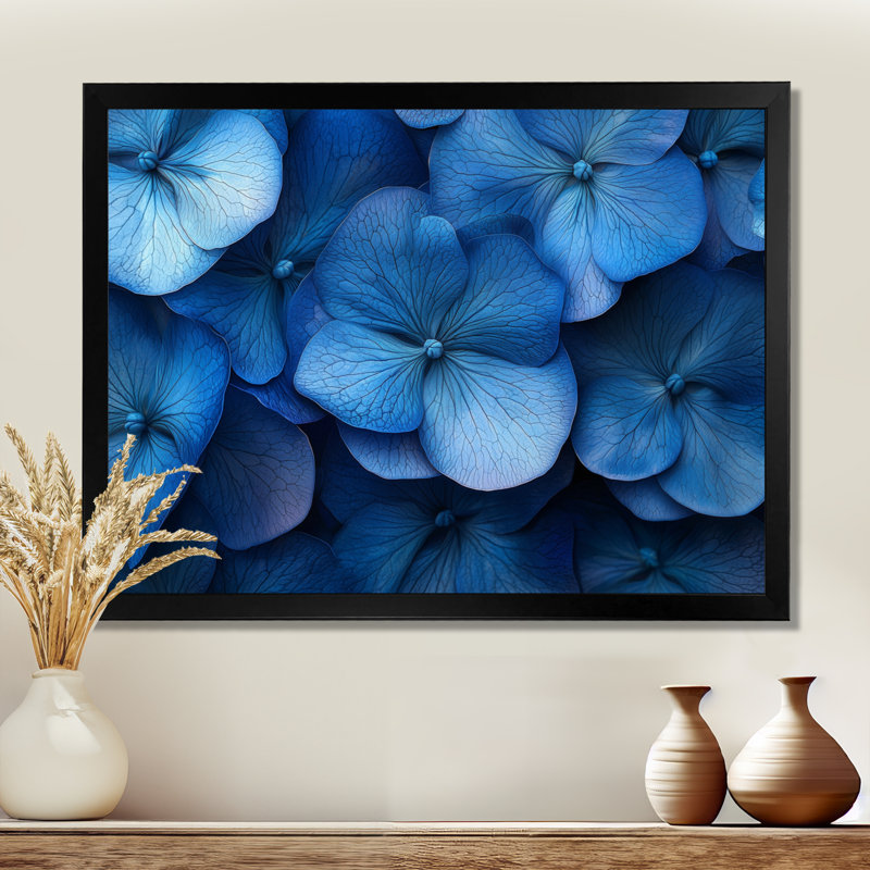 Blue Ocean Petals, H 30 po x l 40 po, Cadre simple, Noir, noir, noir, noir