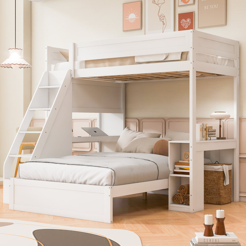  Twin XL Over Full Bunk Bed with Built-In Desk, USB Port and Shelves, White, White