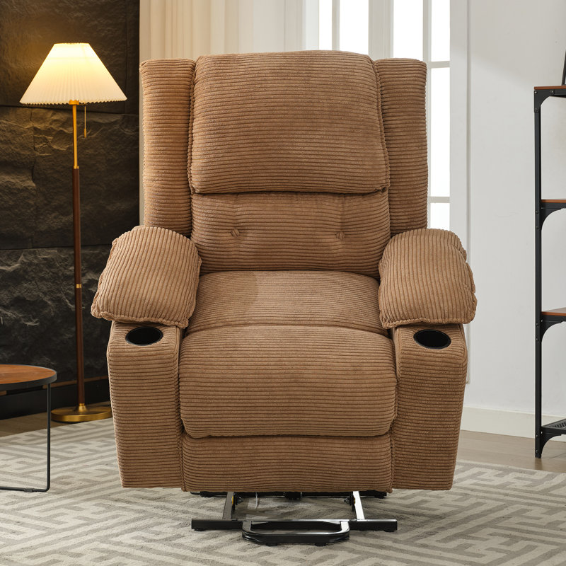 Oversized Power Lift Recliner Chair with Heat and Massage, Upholstered Sofa with Cup Holders, Light Brown